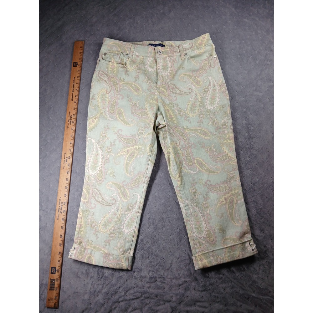 Bandolino Mandie Capri Pants Womens 10 Sage Green Paisley Lace Up Cuff Cropped - Picture 2 of 8
